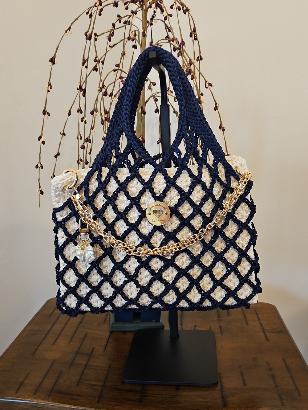 Navy & Cream Hand Crochet By Me Elegant Clutch With Chain